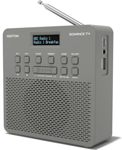 DAB/DAB+ & FM Portable Digital Radio | Simple Controls | Dual Alarms & Sleep Timer | Rechargeable Battery | Bluetooth | Perfect for Home, Office or Outdoors | AZATOM Sonance T4 (Grey)