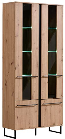 Homestyle4u 2144, Vitrine Highboard Schrank mit Fächer Kommode Wohnzimmerschrank Sideboard Holz Natur Kufenfüße Schwarz