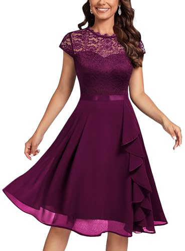MIUSOL Women's Vintage Lace Contrast Chiffon Ruffles Classy Party Flared Swing Dress (X-Large, Magenta)