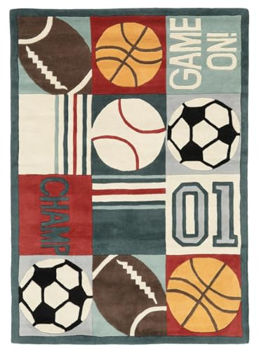 RugVista Game On Kinderteppich, 100 x 160 cm, Multi/Hell Blau | Rechteckig, Niedriger Stapel, Nur chemische Reinigung, Ohne gefährliche Chemikalien, Kinderzimmer