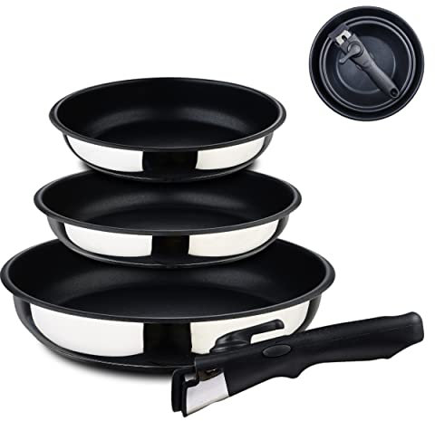 BERGNER Click&Cook | Pfannenset 4-teilig | Aus Edelstahl und mit Antihaftbeschichtung | Enthält 3 Pfannen mit 18, 20 und 24 cm | Mit 1 Abnehmbarem Ergonomischen Griff | Für Alle Herdarten und Backöfen