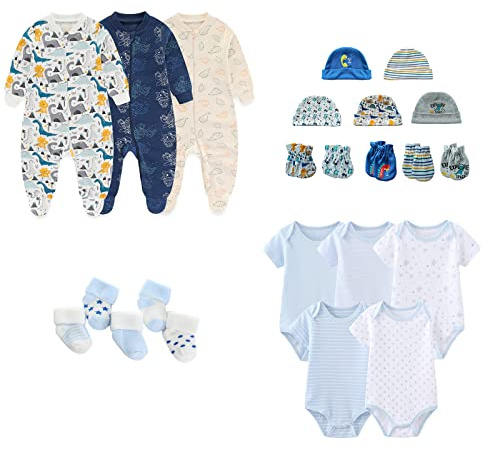 MAMIMAKA Nyfödd babykläder set 23-delar, 5-pack bodysuit+3PJS och tillbehör för 0-6 månader, Blå-1, 0-3 Months