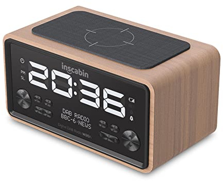 Inscabin W20A DAB/DAB+ FM Digital-Radiowecker mit Kabelloses Laden/großem Bildschirm, tragbarer kabelloser Lautsprecher mit Bluetooth,schönes Design für Schlafzimmer, Küche, Büro (Kirsche)