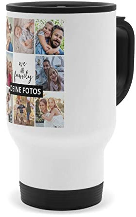 PhotoFancy® - Personalisierter Thermobecher 'Collage' - Isolierbecher To go mit eigenem Foto und Text selbst gestalten - Layout Collage 8 Bilder