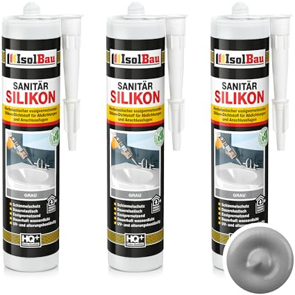 Isolbau Sanitär Silikon 3 x 300 ml Grau - Hochelastischer Silikon-Dichtstoff für Abdichtungen & Fugen - wasserdicht - Kartusche