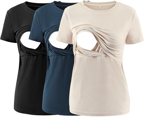 Liu & Qu Women's Maternity Nursing Tops Rib Short Sleeve Breastfeeding Shirts Maternity Clothes 3-Pack
