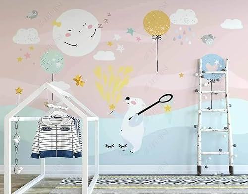 Fototapete 3D Effekt Tapeten 3D Handbemalte Rosa Wolken, Sternenhimmel, Mondballons Für Kinder Tapete Fototapeten Vlies Wandtapete Wohnzimmer Schlafzimmer Wand Schmücken 300Cm(W)*210Cm(H)