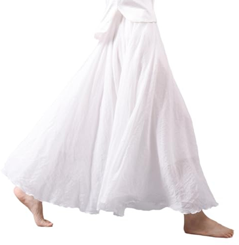 Giltpeak Maxi gonna in lino, gonna lunga estiva da donna, gonna lunga in cotone con elastico in vita, bianco, S