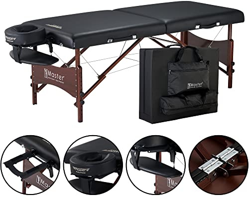 Master Massage Newport Table de Massage Portable avec Coussin Plus Dense de 6,3 cm, Bois Dur teinté Noyer, câbles de Support en Acier, oreillers et Accessoires, Noir, 76 cm
