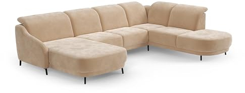 CAVADORE Wohnlandschaft Blue/Sofalandschaft mit Longchair im modernen Design, Inkl. Kopfteilverstellung, Vorziehsitz motorisch und mattschwarzen Metallfüßen / 356 x 93 x 249 / Mikrofaser, Hellbraun