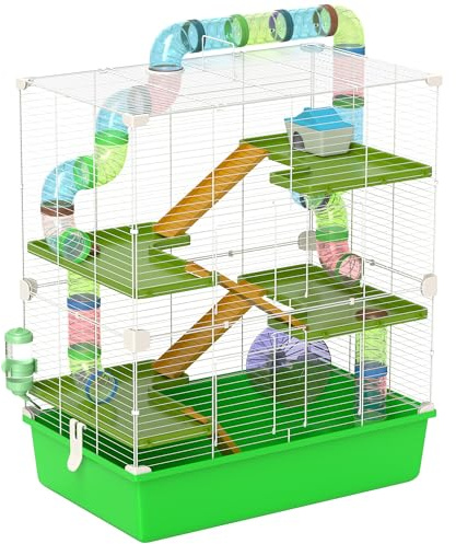 PawHut Gabbia per Criceti a 5 Livelli con Tubi, Casetta, Serbatoio dell'Acqua, Rampe, Ciotola, Piattaforme e Ruota, Gabbietta per Roditori con 2 Maniglie in Acciaio, PP e PS, 59x36x69 cm, Verde