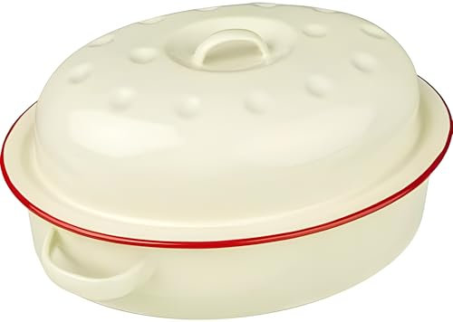 26cm Falcon Enamel Oval Roaster Dish Roasting Oven Baking Tray Tin Casserole Pan Self Basting with Lid Houseware (Cream with Red Rim)