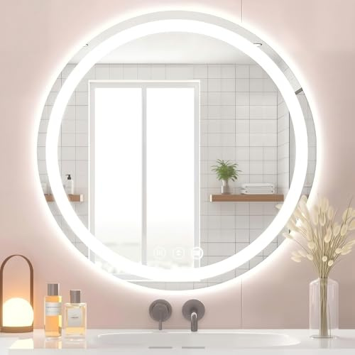 Lmsedf Led Bathroom Mirror with Lights, Anti-Fog & Tri-Color Lighting - Wall Mounted Shaving Mirror with Touch Sensor, Waterproof Smart LED Vanity Mirror Tempered Glass Dimmable (24 L x 24 W)