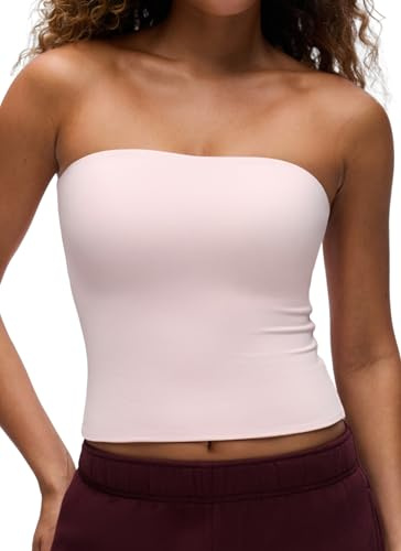 CRZ YOGA - Butterluxe dubbelfodrad bandeau tubtopp för kvinnor - axelbandslös off the shoulder - randig casual basic crop top Strawberry Pink S