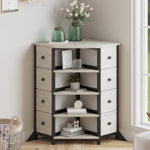 LUMTOK 8 Drawers Corner Dresser with Storage Fabric Drawers and Open Shelves for Small Space，Bedroom，Entryway，Living Room (Greige)
