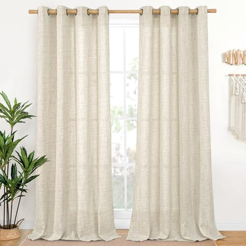 YoungsTex Extra Long Linen Curtains for Living Room 95 Inch Length 2 Panels, Boho Semi Sheer Window Treatments with Bronze Grommet Light Filtering Privacy for Sliding Door Bedroom, 52 x 95 Inch