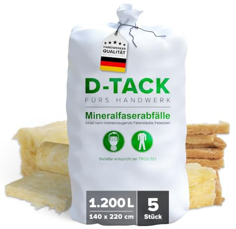D-TACK 5x KMF Big Bag | 140 x 220 cm | Mineralwollsack aus PP-Gewebe | UV-stabilisiert | Säcke für Mineralfaserabfälle, Glaswolle und Isolierwolle | 1 m³ | 1200l