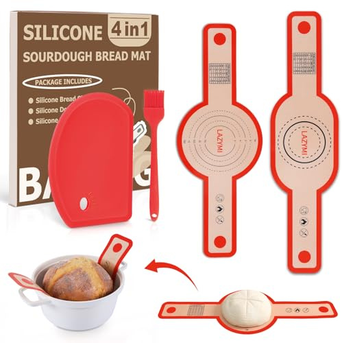 Lazymi 2 stycken bakmattor i silikon bröd för holländsk ugn, oval och rund | Silikonbrödslinga med långa handtag för brödgryta , brödbakmatta med degskrapa och bakborste , permanent bakmatta bröd , Röd