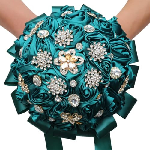Nvzi Handgefertigter Luxus-Hochzeitsstrauß, große Seidenrose, zum Werfen, künstliche Blumensträuße, Brautstrauß, Vintage, königlicher Hochzeitsstrauß (dunkelgrün)