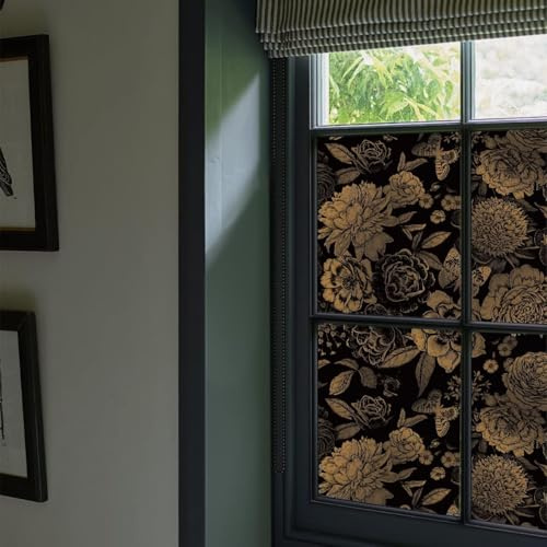 Funlife Schwarz Fensterfolie Blickdicht, Dekorative Verdunklungsfolie für Fenster Statische Fensterfolie, Milchglasfolie Selbstklebend Verdunkelungsfolie, Faux Gold Penoy 43x200cm