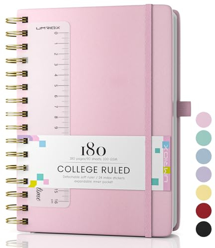 Umriox Wirebound Spiral Notebooks 180Pages /90 Sheets for Writing,100gsm No Bleed Paper, PU Hardcover Journals for Women Men Work Office School,14.5 x 21cm - Pink