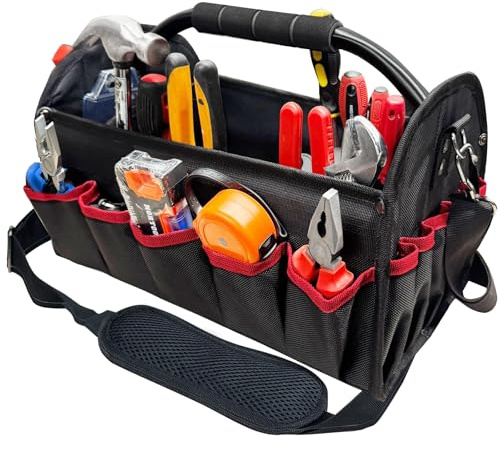 16 inch tool bag, foldable open top tool bag, 1680D waterproof and wear-resistant, 26 pockets to hold various tools, wide mouth electrician tool tote bag, steel handle and adjustable shoulder strap