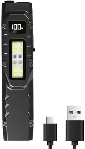 Linterna delgada – Linternas recargables | Luz LED portátil | Linterna plana | Luz de mano recargable por USB con clip para bolígrafo | Luz de trabajo LED con pantalla digital Iluminación portátil al