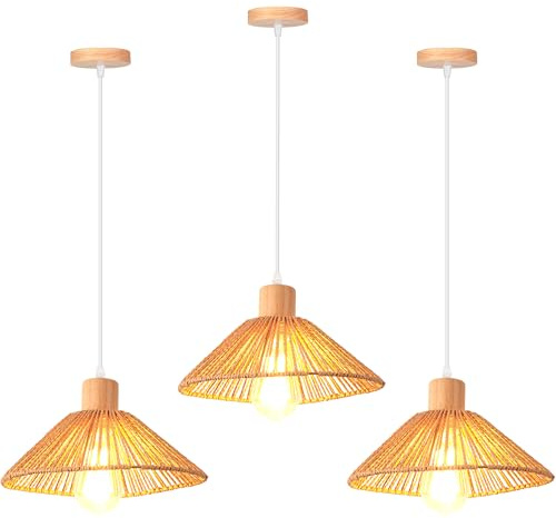 iDEGU 3 Stück Pendelleuchten, 26cm Vintage Hängelampe Boho Stil Lampenschirm aus Rattan Holz E27 Deckenleuchte Retro Hängeleuchte für Esszimmer Wohnzimmer Küche Schlafzimmer Restaurant (Braun)