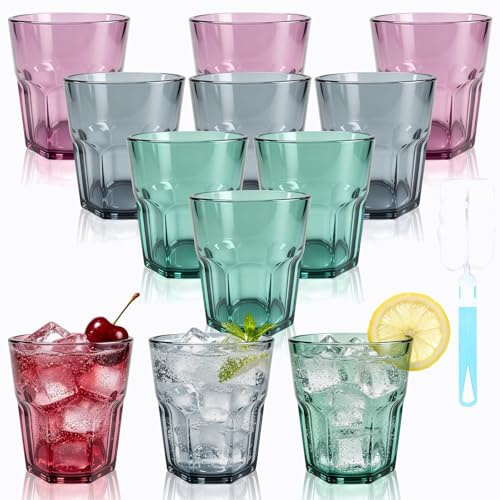 Sinofort 12Pcs Plastic Glasses, 270ml/9.5Oz Plastic Cups Reusable, 3 Colors | Acrylic picnic glasses, coloured drinking glasses, stackable camping cups for garden, picnics, BBQs, party or everyday use