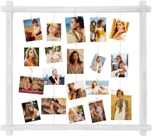 PHOENANCEE Holz-Bilderrahmen für Mehrere Bilder, Collage-Bilderrahmen für die Wand Mit Clips, Hängende Fototafel für die Heimdekoration(Rustikales Weiß)