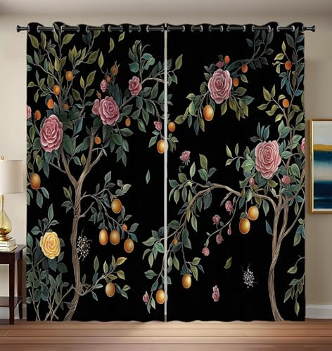 Apricot Tree Plant Blackout Curtains for Bedroom,54 Inch Drop Eyelet Curtains for Living Room Nursary,Chinese Style Flowers Thermal Insulated Window Curtain Panels 2 Panels,Black,46x54 Inch