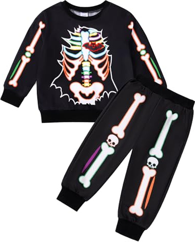 Naiyafly Toddler Kids Skeleton Halloween Outfit Boys Girls Skull Pumpkin Print Long Sleeve Pullover Sweatshirt Jumper + Jogger Pants 2Pcs Fall Clothes Set Tracksuit Pajamas 1-7 Years
