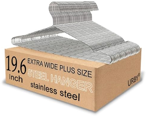 Urby Extra breite Kleiderbügel für Kleidung in Übergröße, 40 cm, Stahl, 50 Stück | Edelstahl, Silber, robust und langlebig, ideal für übergroße XL- und XXL-Shirts, Mäntel und Kleider