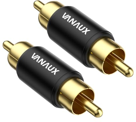 VANAUX 2-Pack RCA Male to Male Coupler,Barrel Connectors Subwoofer RCA Adapter Gold Plated for HDTV,Speakers, Amplifiers, Car Audio-Black