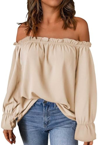Off Shoulder Tops for Women Trendy Ruffle Long Sleeve Shirts Casual Solid Color T Shirts for Autumn Loose Fit Blouses Sequin Blouse Women, beige, L
