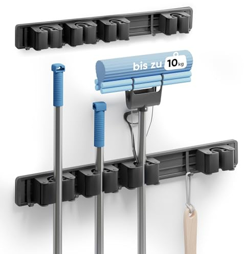 Björn&Schiller Besenhalterung Wand, 2 Stck., Gerätehalter, Wandhalterung für Gartengeräte, Besenaufhängung, Haken für Besen zum Aufhängen, belastbar bis zu 10 kg, mit 4 Halterungen und 5 Haken