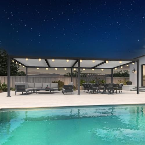 Pergola con filo di luci a LED, 8,5 x 3,5 m, baldacchino regolabile in alluminio con doghe bianche, tenda da giardino moderna per esterni, patio, terrazza, padiglione
