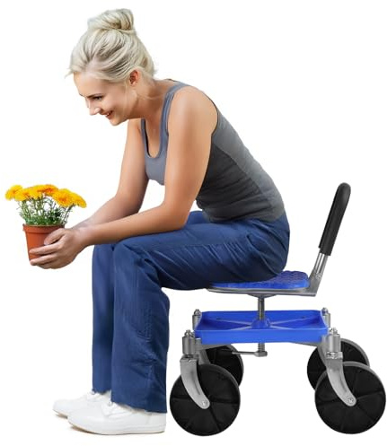 yulewiix Gartenstuhl mit Rädern, Rollsitz für Gartenarbeit, höhenverstellbarer Rollwagen für den Garten, um 360 Grad drehbarer Gartenhocker mit Werkzeugablage, Tragkraft 150 kg für Gärtner (Blau)
