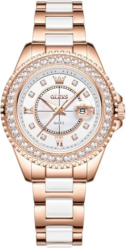 OLEVS Watches for Women Diamond Rose Gold Ceramic Ladies Wrist Watch Fashion Stainless Steel Luxury Dress Waterproof Date Watches Gift