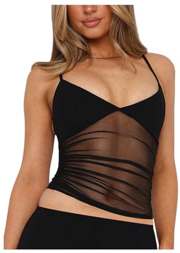 RoseSeek Women's Sheer Mesh Camisole Tops Ruched V Neck Spaghetti Strap Crop Tank Top Black Medium