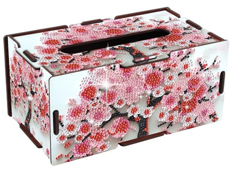 JICFDAO Diamond Painting Tissue Box 22.5x12.7cm DIY Kreative Papiertaschentücher Box 5D Diamant Malerei Tücherbox Rechteckige Taschentuchspender Mosaik Set Praktisch Dekorativ für Tisch Kirschblüte