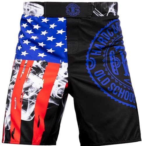 Hardcore Training Fight Shorts Men American Flag Boxing MMA BJJ Grappling Fitness Muay Thai Kickboxing (US, Alpha, Medium, Regular, Regular, Black Blue)