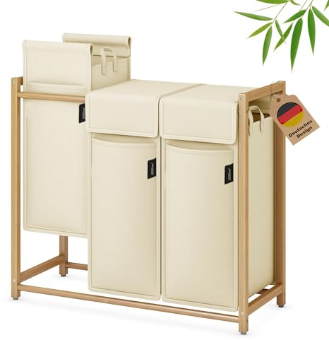 XMHome Wäschekorb 148L mit 3x49L Fächern Bambus Wäschesammler mit Deckel | Wäschesortierer mit herausnehmbaren Taschen, rechteckige Wäschebox für Schlafzimmer, Bad & Waschküche Beige