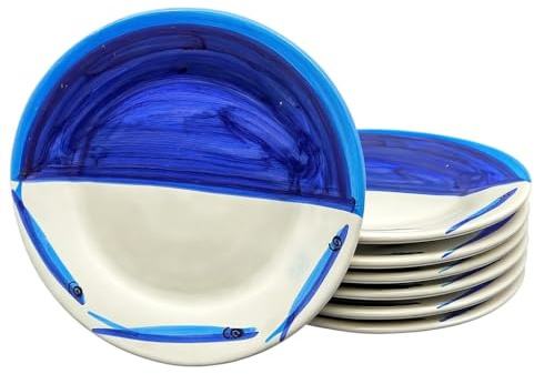 Lot de 6 assiettes plates en céramique artisanale Ø 24 cm Style Vietrese - Peints à la main avec décor bleu et poisson - Fabriqué en Italie - Assiettes de service, Service de table et ameublement de