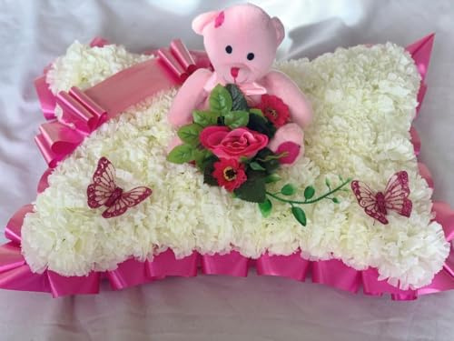 Silky Bouquets Teddy Bear Pillow Funeral Tribute – 18 Pillow with Silk Flowers, Ribbon Edge & Decorative Bear Cluster | Personalized Memorial with Sash & Message Card