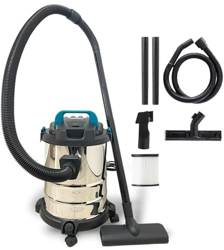 Bidone Aspirapolvere Aspiratutto Solidi e Liquidi 20L Funzione Soffiante 1000W 16Kpa Secco e a umido Contenitore in Acciaio inox con e senza sacchetto Filtro HEPA con Ruote Facile da Spostare