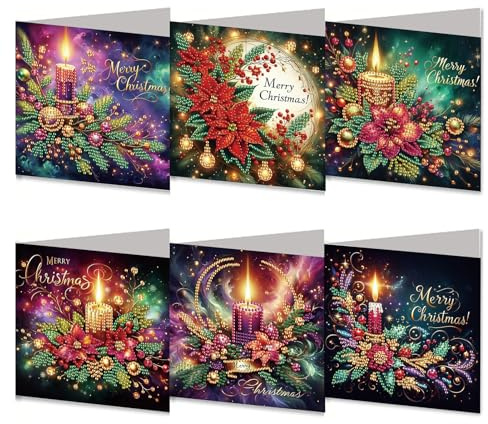 Ferakum 6 Stück Diamond Painting Weihnachtskarten, DIY Diamond Art Painting Weihnachten Karten mit Umschlag, 5D Diamant Malerei Grußkarten, Weihnachtsgeschenke für Freunde und Familie (A)