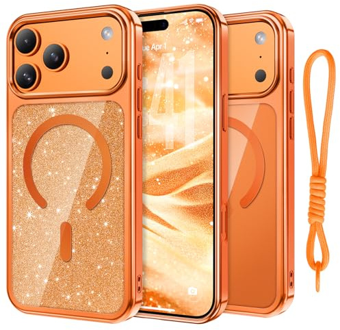 VENINGO Coque pour iPhone 17 Pro Max avec 1 X Papier Pailleté à DIY + 1 Dragonne en Tissage, [Compatible MagSafe] Coque Transparente Brillante et Mignonne pour Femmes et Filles, Orange Cosmique