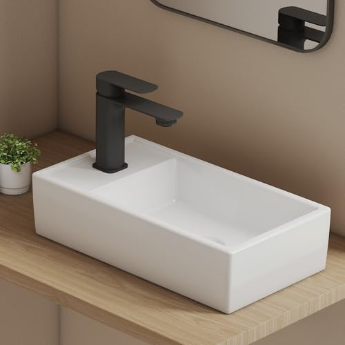 EMKE Lavabo pequeño rectangular 41, 0 x 22, 0 x 10, 0 cm – Lavabo de cerámica con orificio para grifo, sin rebosadero, lavabo pequeño como montaje en encimera y pared, ideal para baño y aseo de