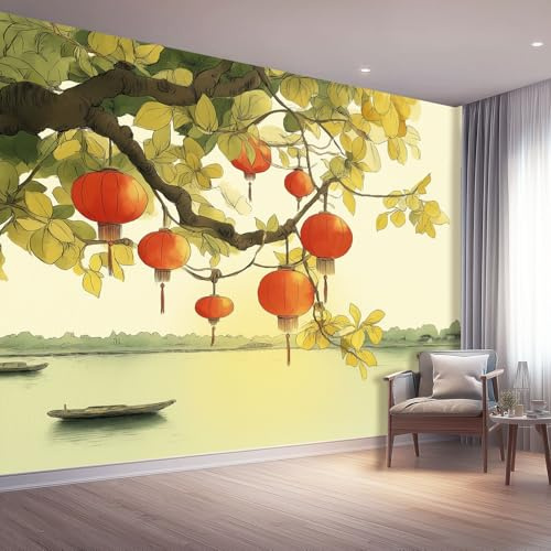Fototapete Orientalische Tuschemalerei Wandtapete Fototapeten Wohnzimmer Schlafzimmer Kinderzimmer Moderne Tapeten Vliestapete Rot Laternen Seewasser Wanddeko, 200 x 140 cm